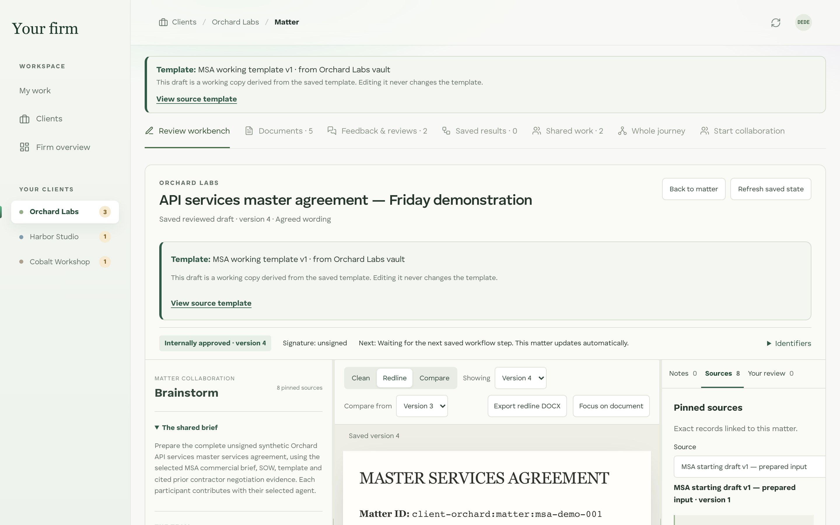 Agreement review: a redline of version 4 against version 3 of a fictional master services agreement, with the shared brief and team on the left and pinned sources on the right. Status shows internally approved version 4, signature unsigned.