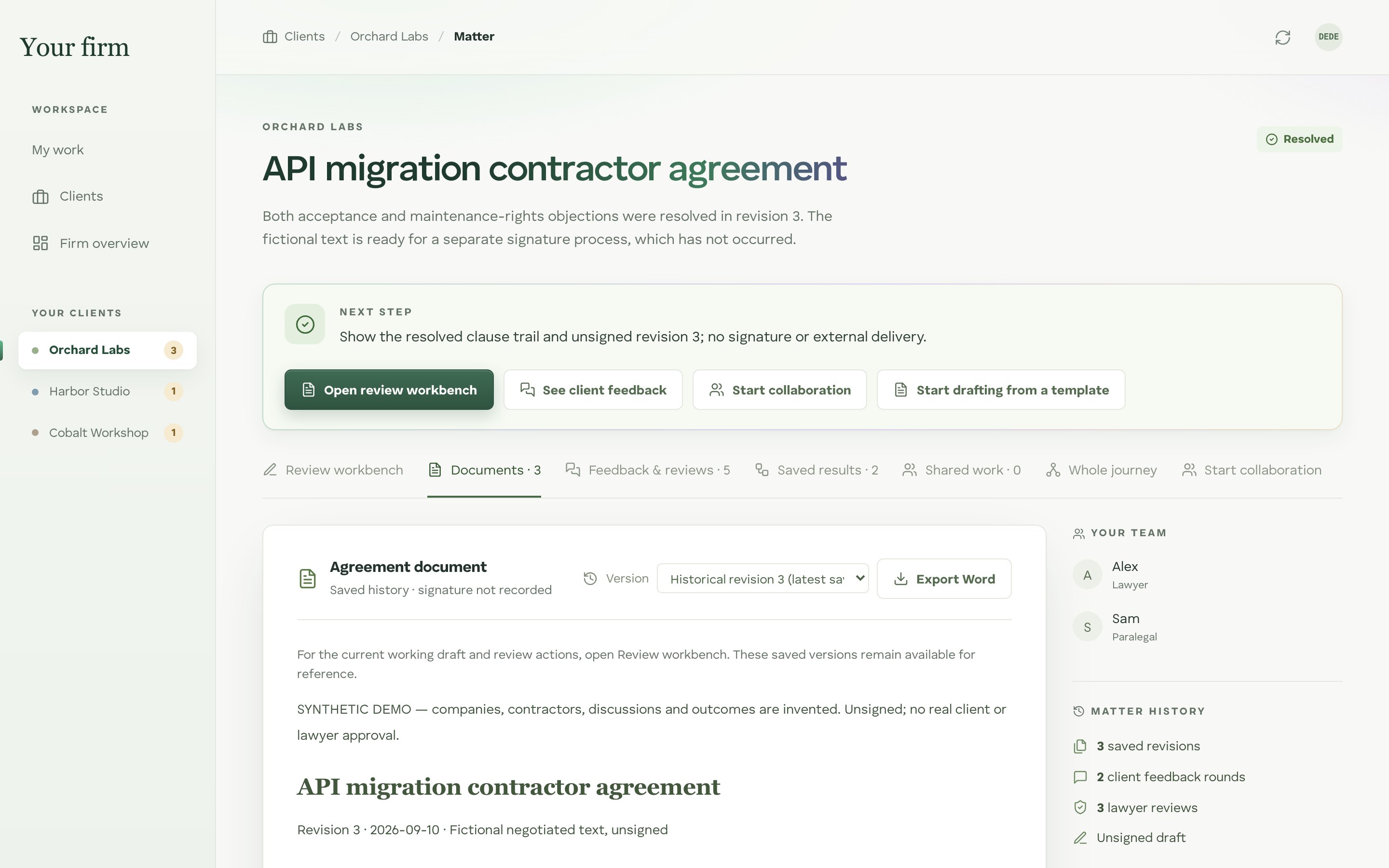 A matter page in the legal workspace: an API migration contractor agreement for the fictional client Orchard Labs, with its next step, documents, feedback rounds and matter history. The document is marked unsigned.